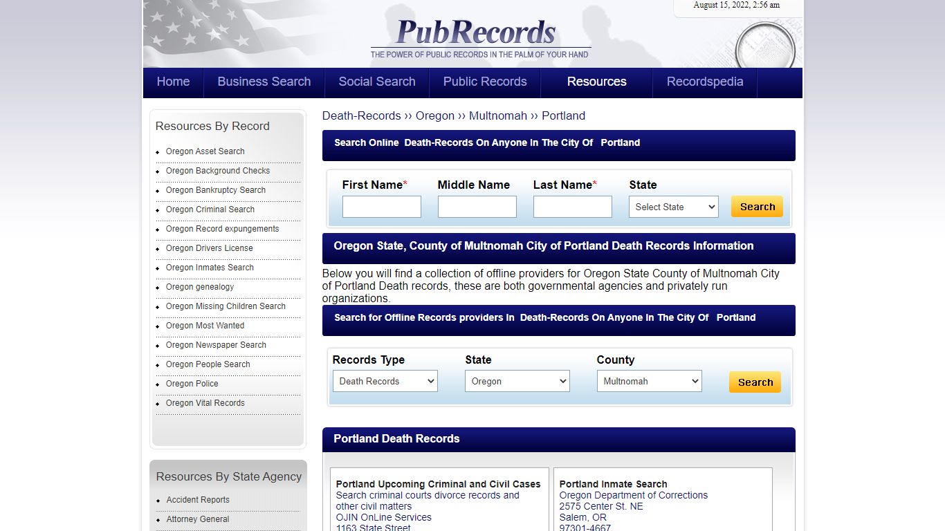 Portland, Multnomah County, Oregon Death Records